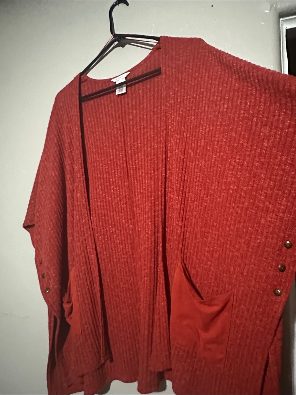 Candie's Red Ribbed Open-Front Cardigan with Pocket Accents